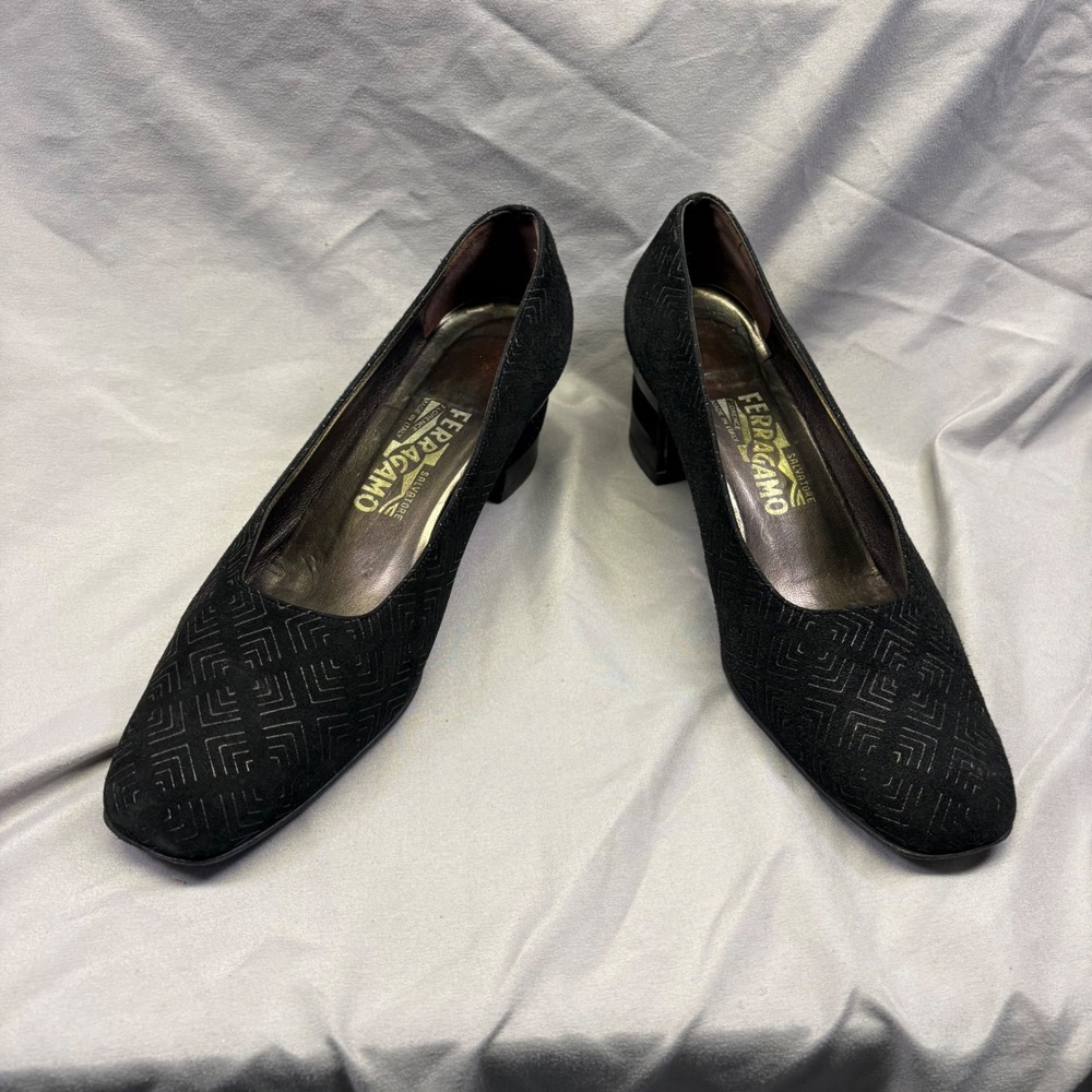 Salvatore Ferragamo Black Suede Geometric Etched Square Toe Block Heel Pumps